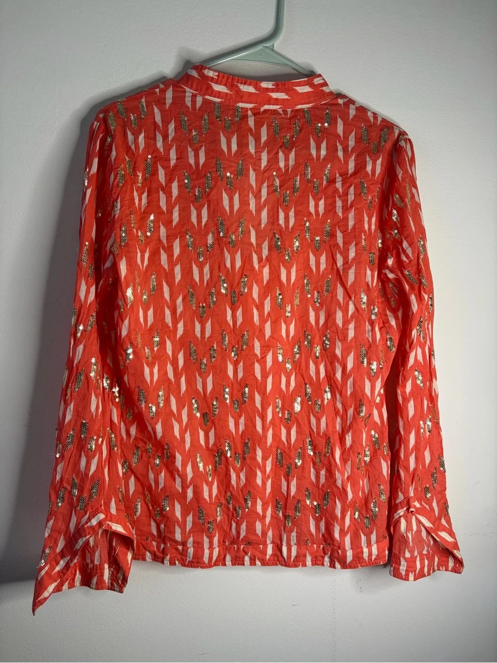 Tory Burch Coral Orange Ikat Gold Sequin Tunic Top Size 6 Long Sleeve